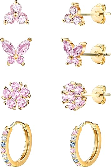 20G Gold Studs Earrings for Women,14K Gold Plated Hypoallergenic Butterfly Earrings for Girls,4 Pairs Flower/Butterfly/Cubic Zirconia Cute Earring and Trendy Huggie Hoop Dainty Multipack Earring Sets
